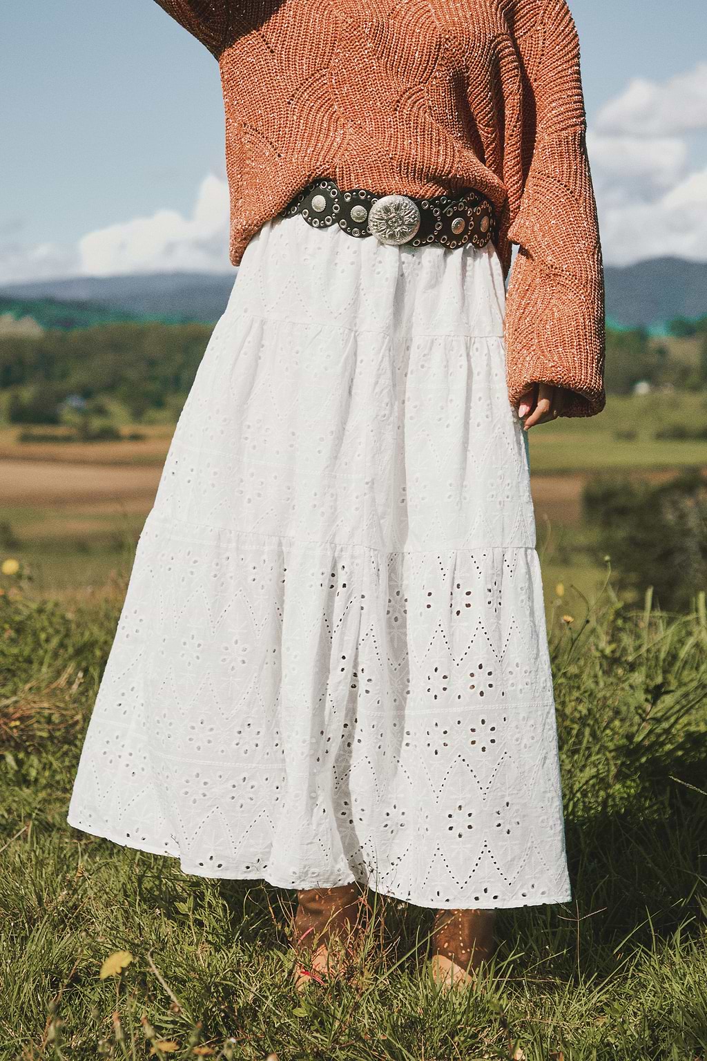 White Cotton Eyelet Midi Skirt