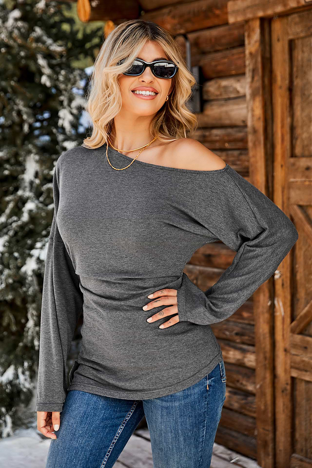 Grey Off-Shoulder Long Sleeve Asymmetrical Top