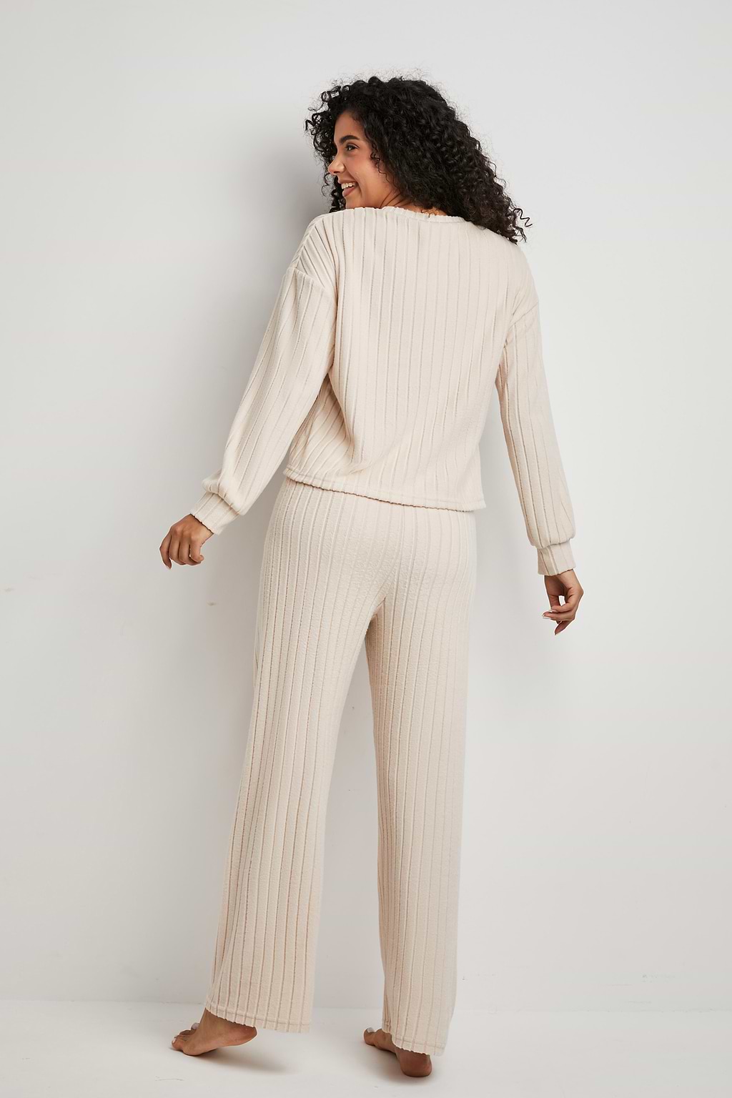 Beige Ribbed Knit Long Sleeve Top & Pants Pajama Set