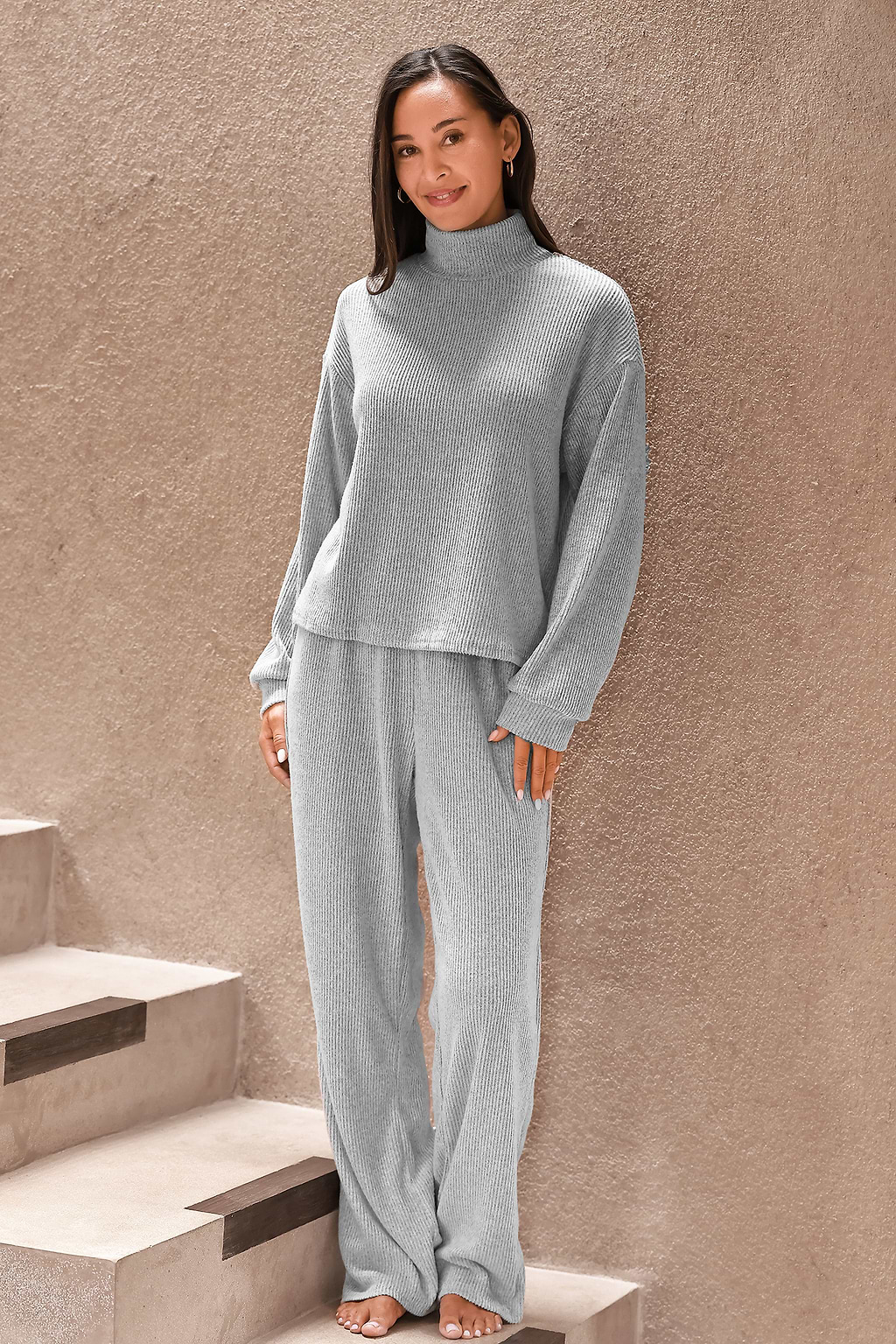 Grey Ribbed Turtleneck Top & Pants Pajama Set