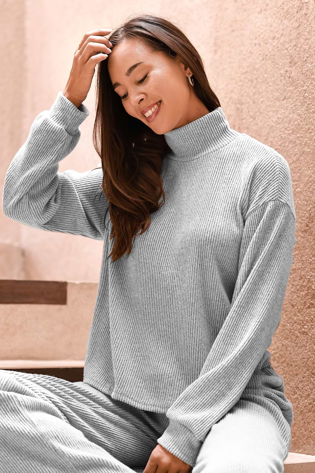 Grey Ribbed Turtleneck Top & Pants Pajama Set
