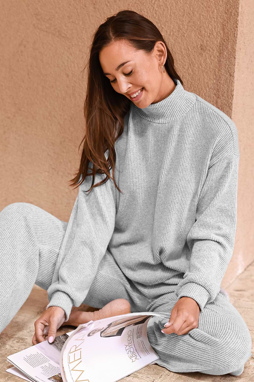 Grey Ribbed Turtleneck Top & Pants Pajama Set