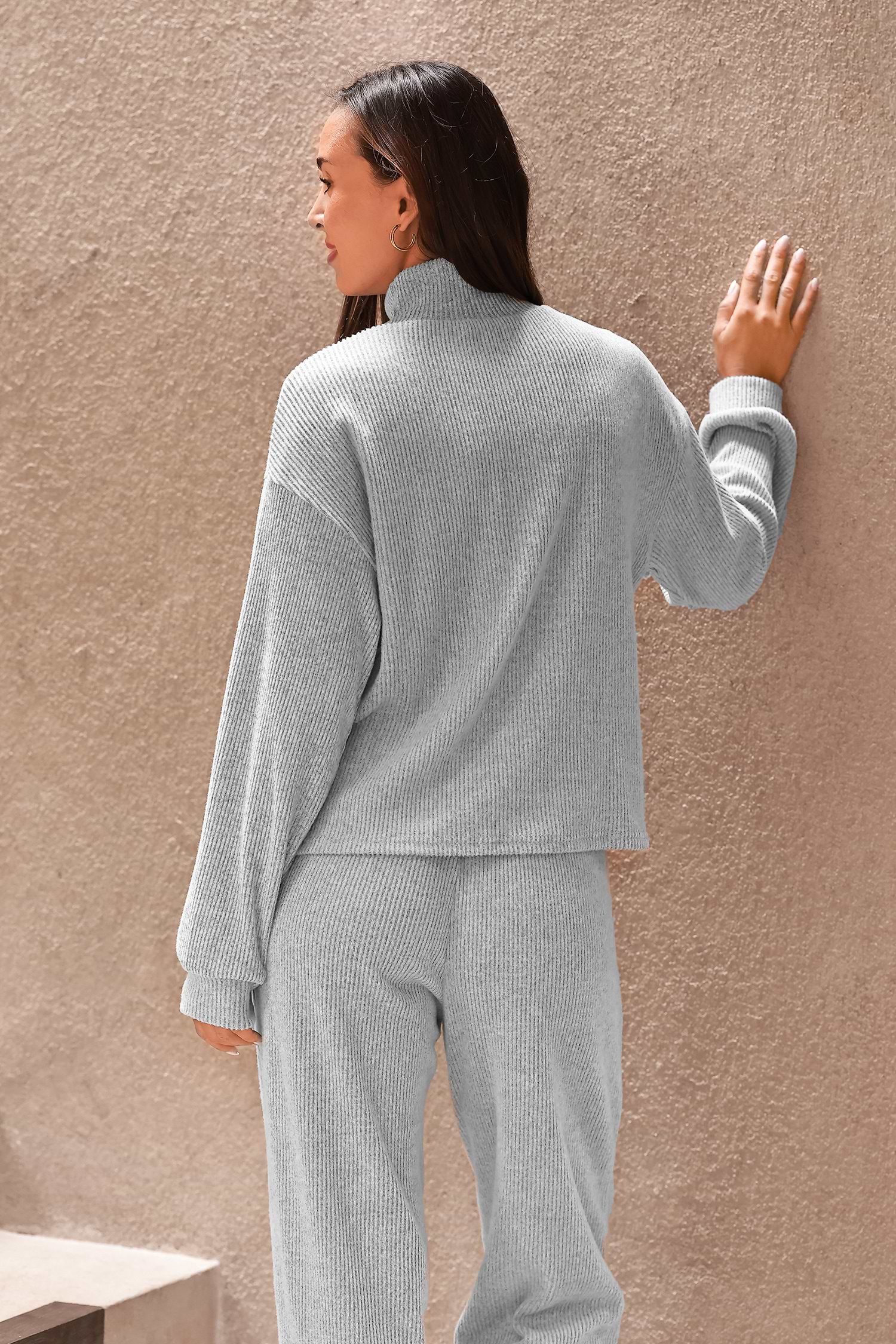Grey Ribbed Turtleneck Top & Pants Pajama Set
