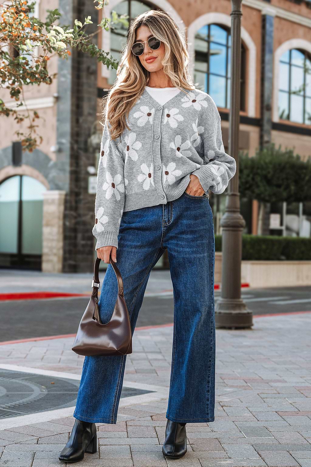 Grey Floral Intarsia Knit Cardigan