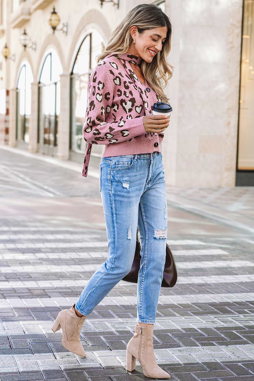 Pink Heart-Shaped Leopard Print Cardigan