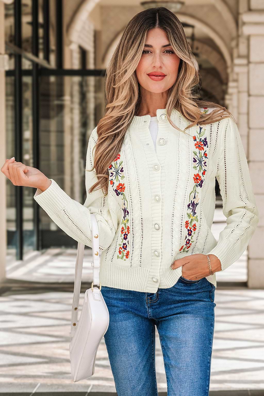 Floral Embroidered Faux Pearl Button Cardigan