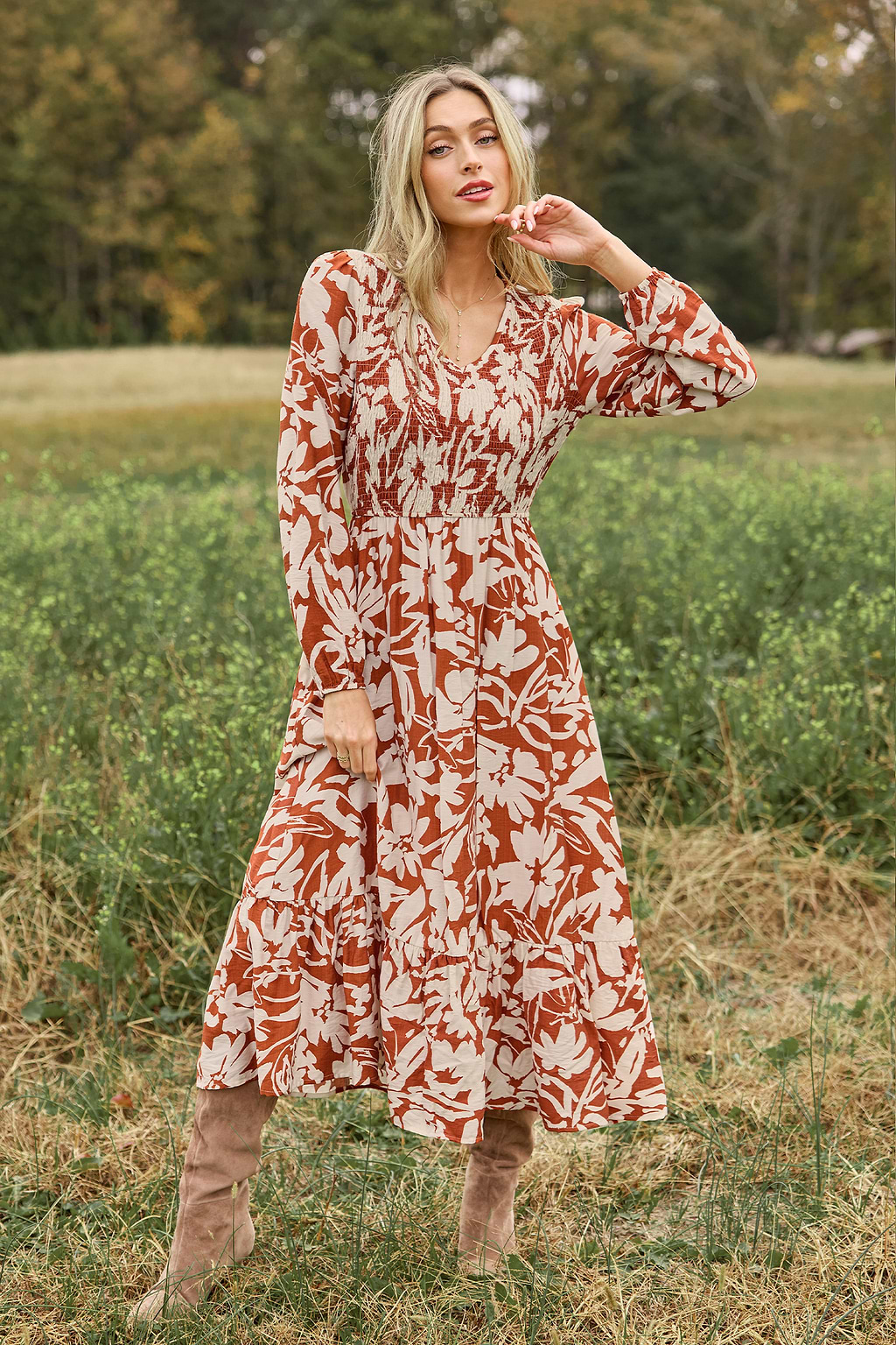 Burnt Orange Floral Puff Sleeve Maxi Dress