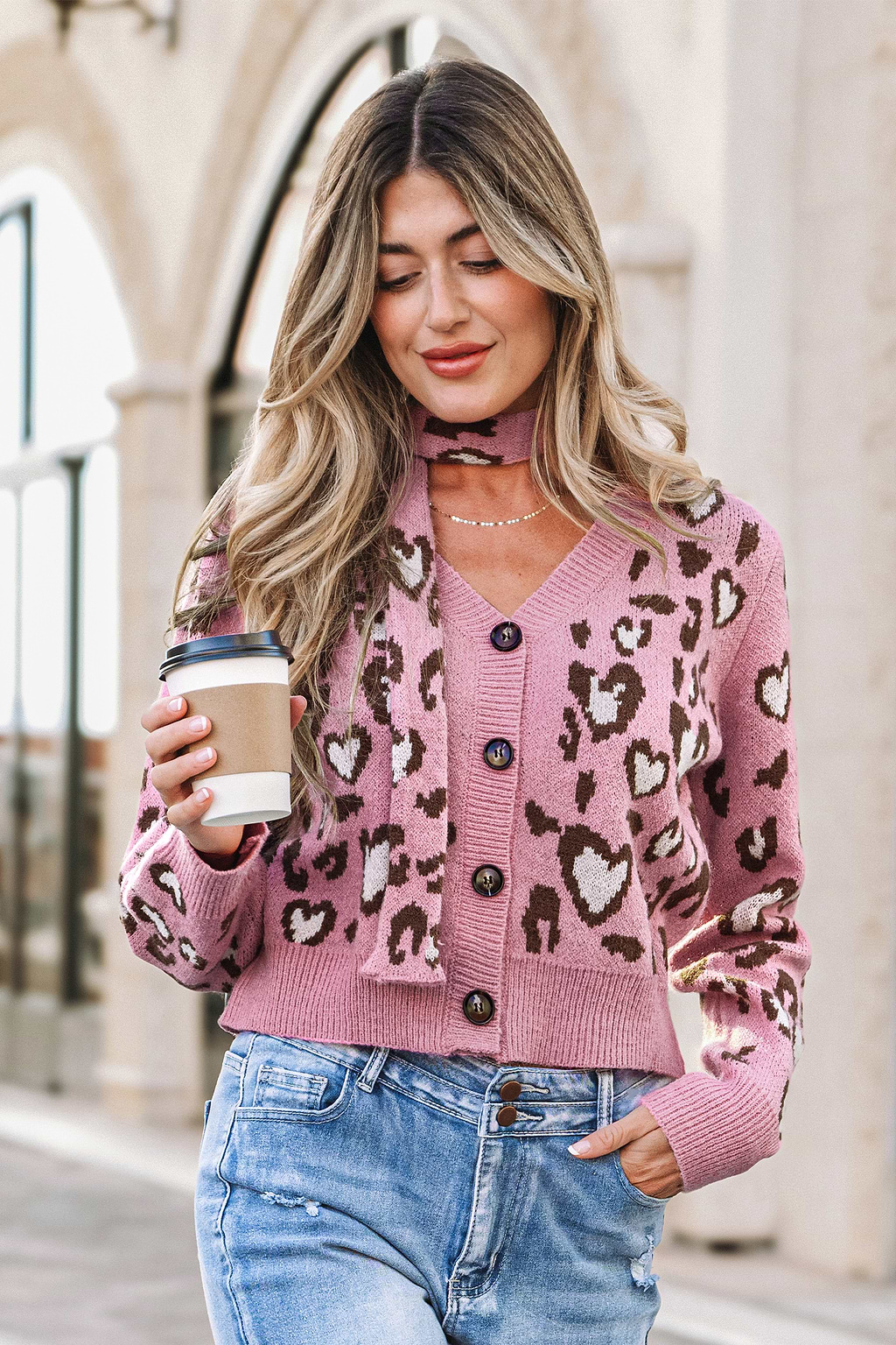 Pink Heart-Shaped Leopard Print Cardigan