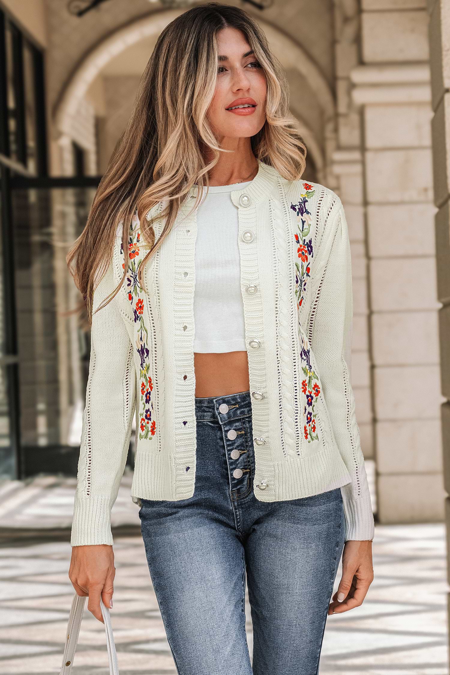 Floral Embroidered Faux Pearl Button Cardigan