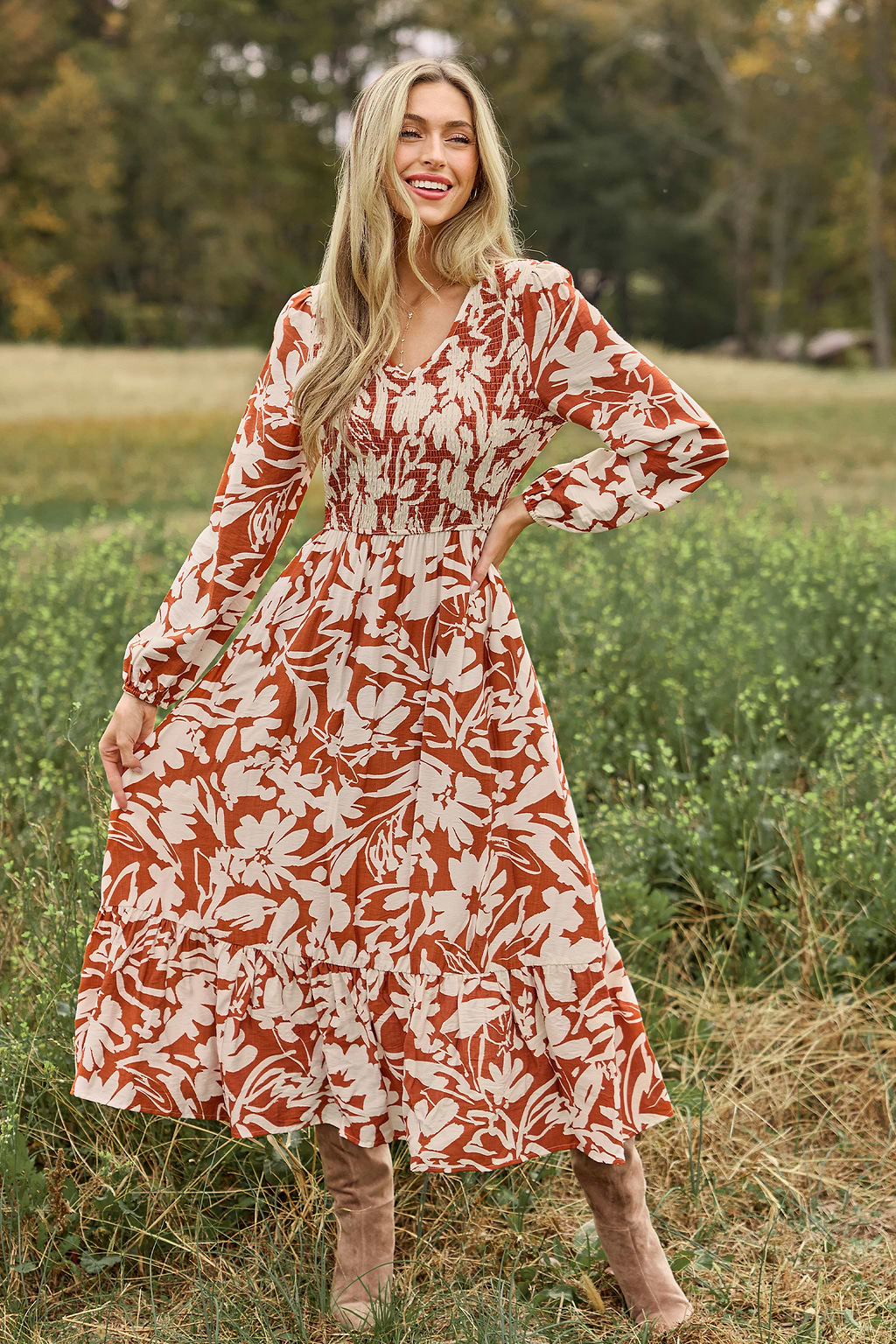 Burnt Orange Floral Puff Sleeve Maxi Dress