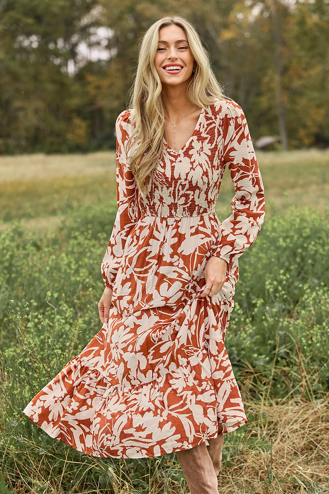 Burnt Orange Floral Puff Sleeve Maxi Dress