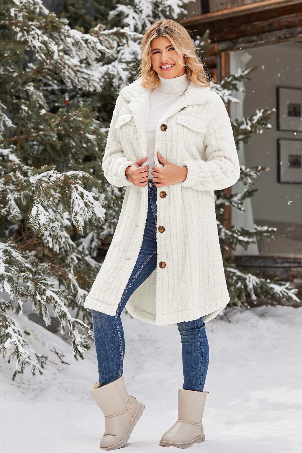 Ivory Faux Fur Front Button Trench Coat