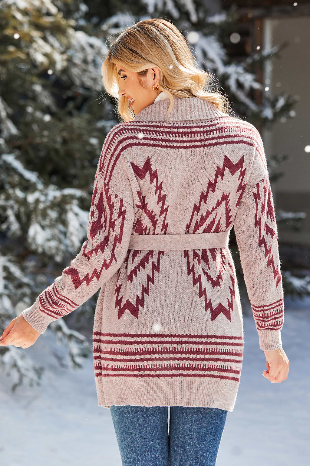 Neutral Geo Open Front Tie Waist Longline Sweater