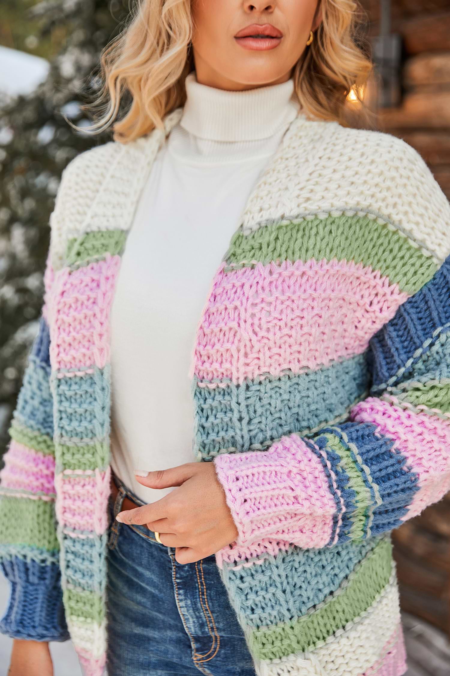 Colorblock Crochet Open Front Cardigan