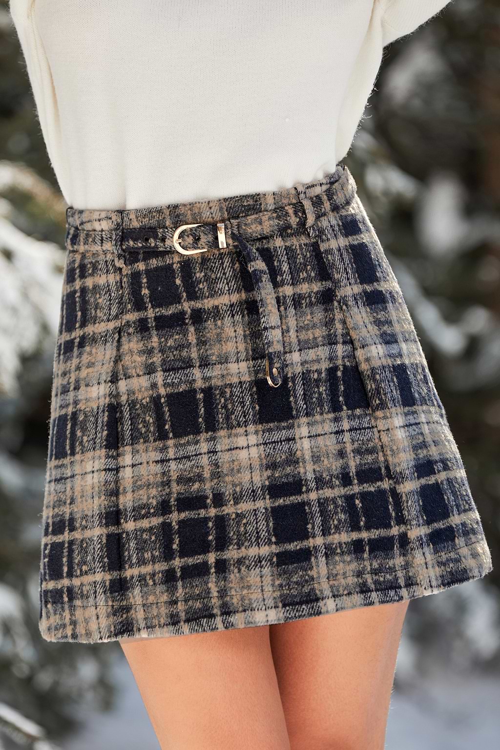 Blue Plaid Belted Mini Skirt