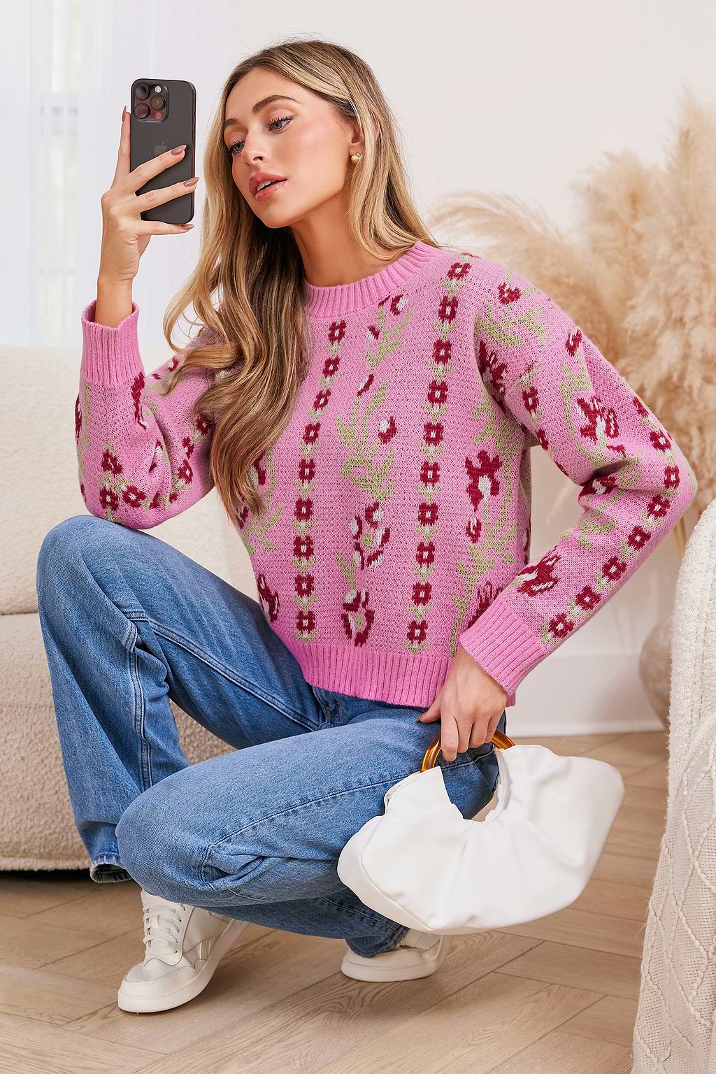 Pink Floral Long Sleeve Sweater