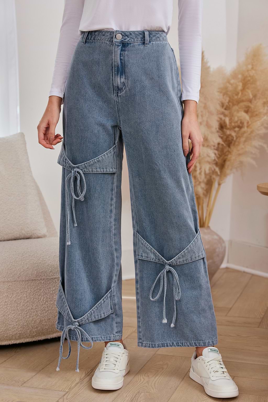 Blue Denim Strappy Straight Leg Jeans