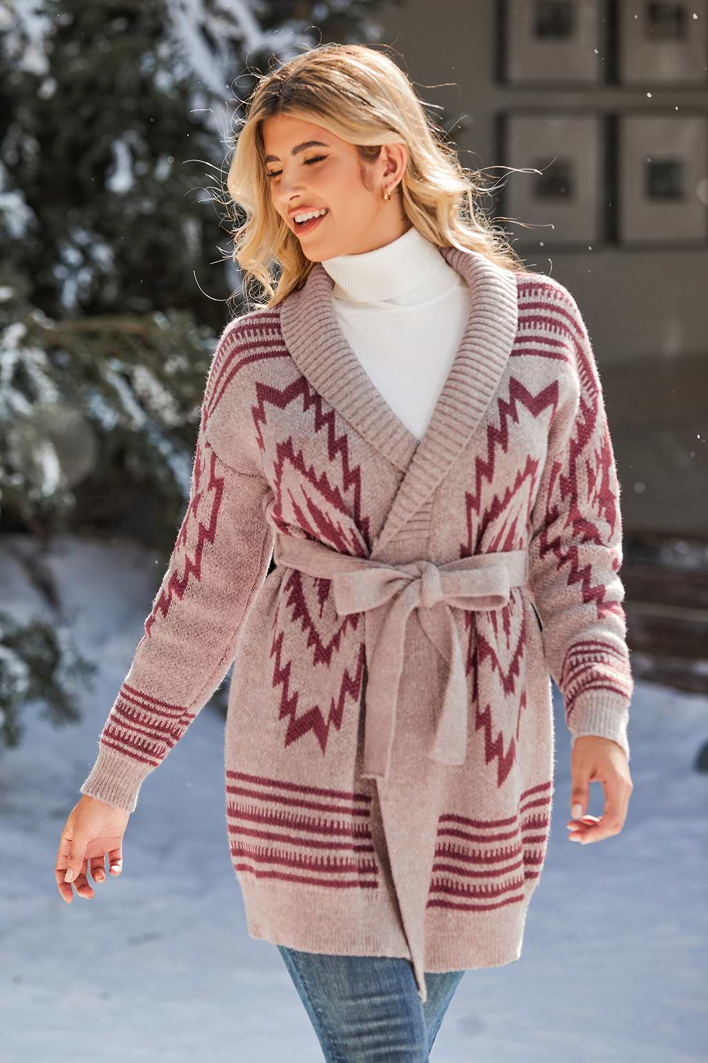 Neutral Geo Open Front Tie Waist Longline Sweater