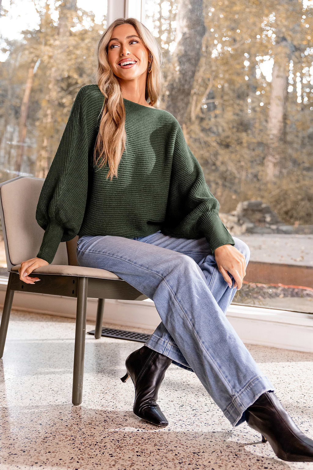 Green Boatneck Dolman Sleeve Sweater