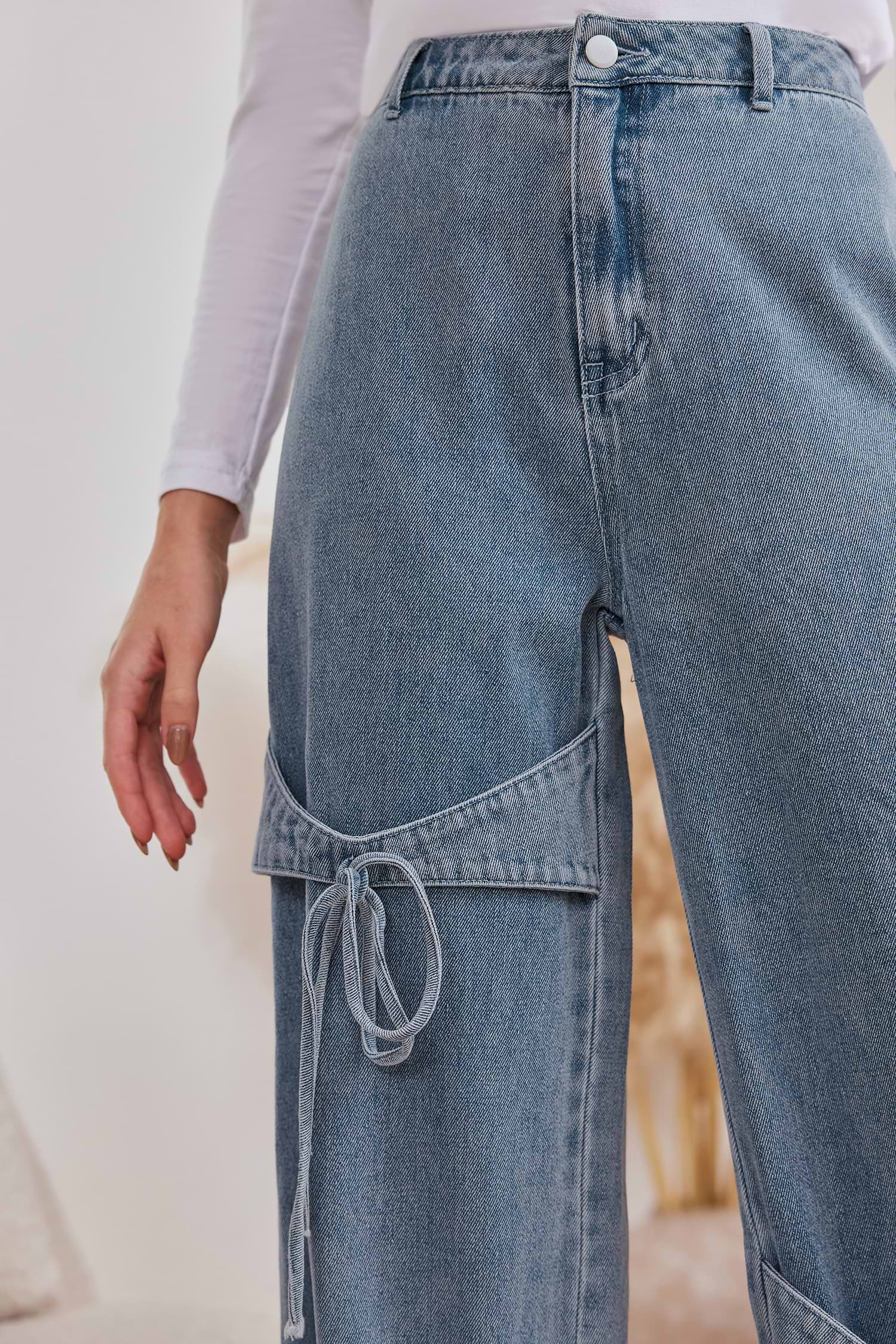 Blue Denim Strappy Straight Leg Jeans