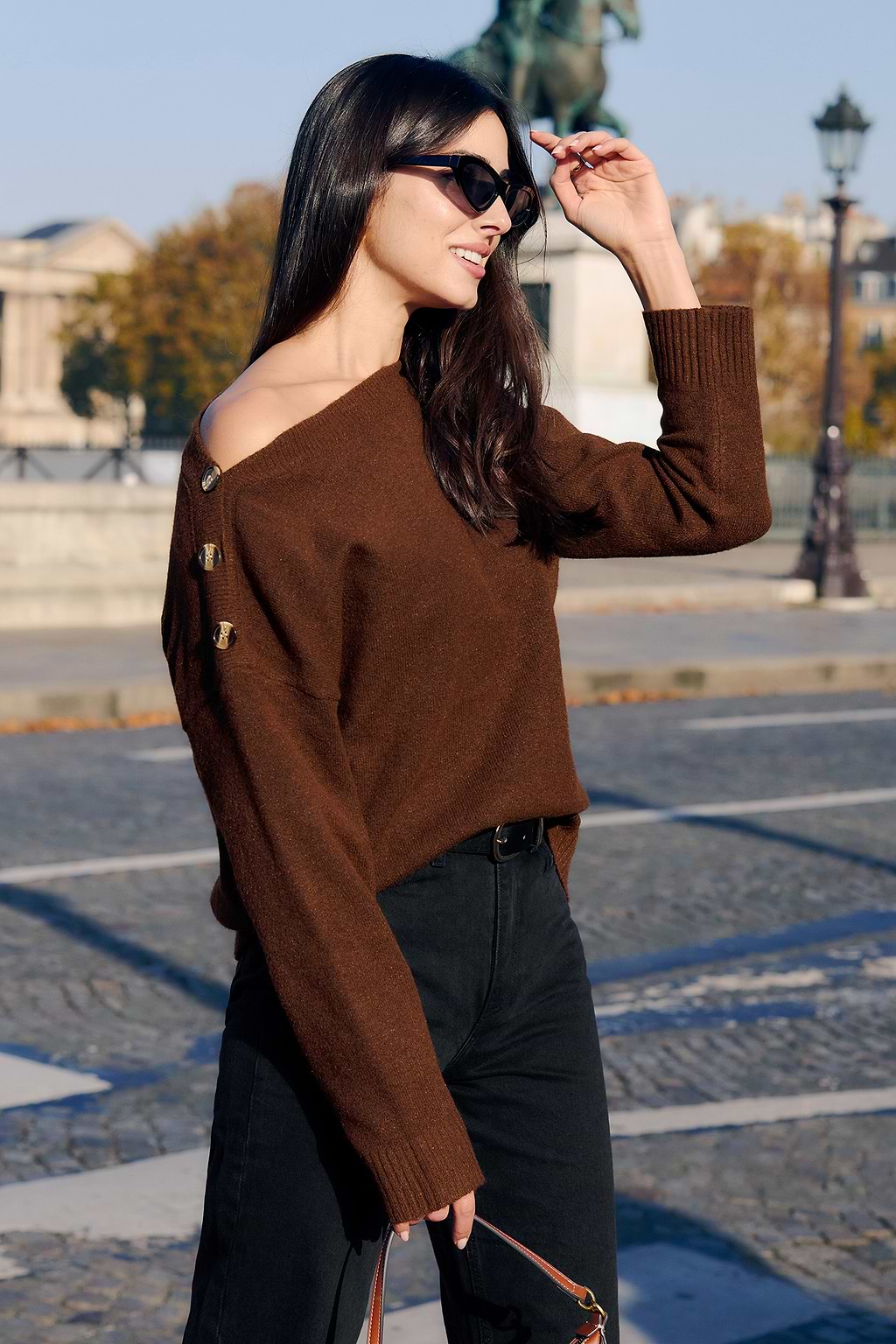 Brown Boatneck Button Long Sleeve Sweater