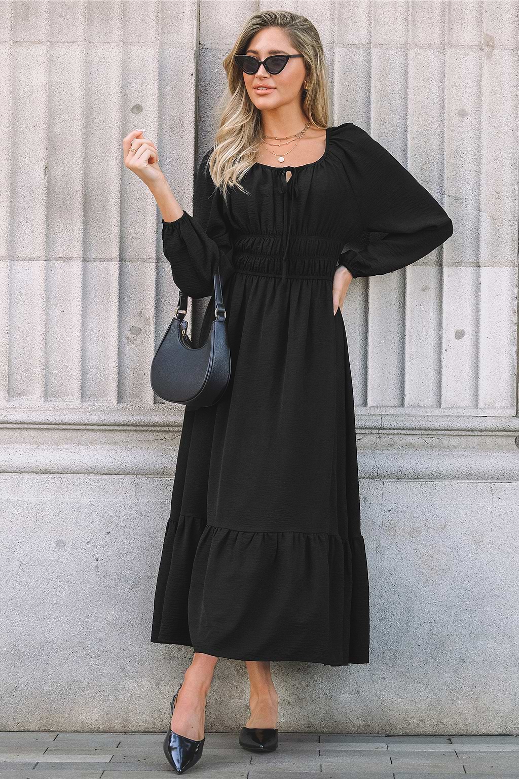 Black Tie Neck Puff Sleeve Midi Dress