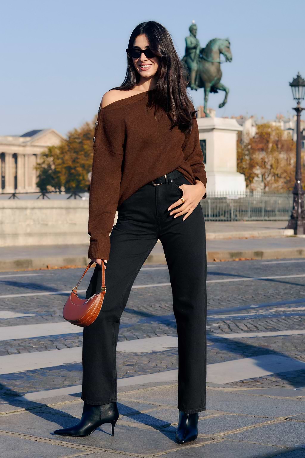Brown Boatneck Button Long Sleeve Sweater