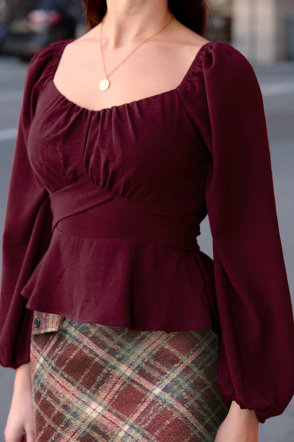 Burgundy Ruched Puff Sleeve Top