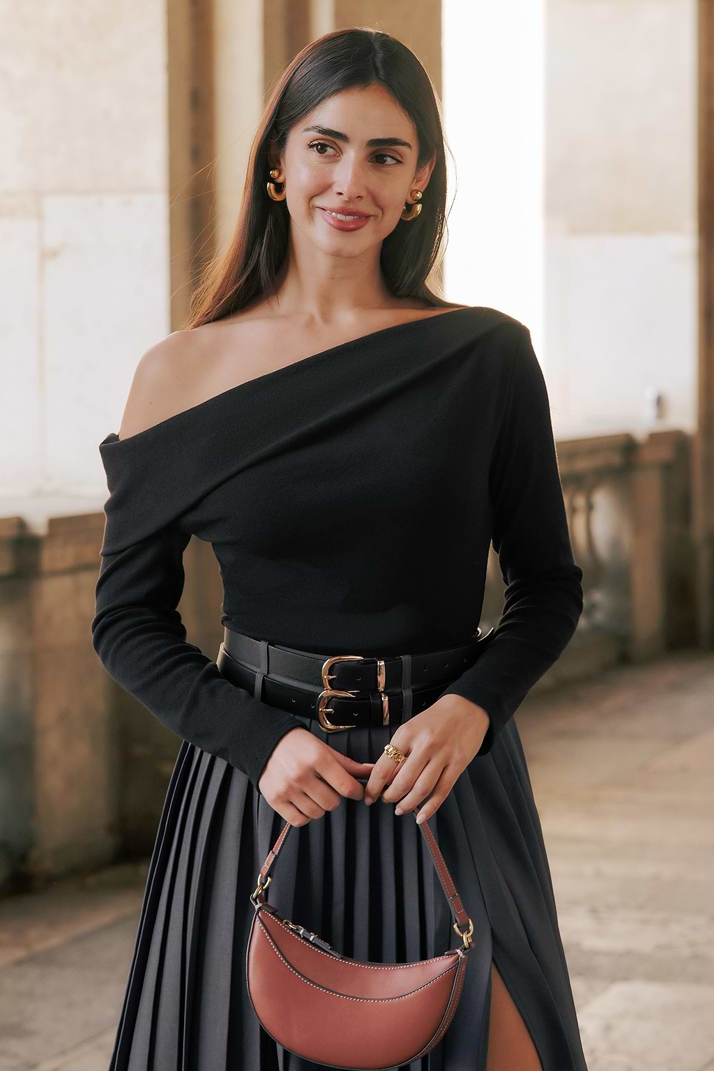 Black Off-Shoulder Long Sleeve Knit Top