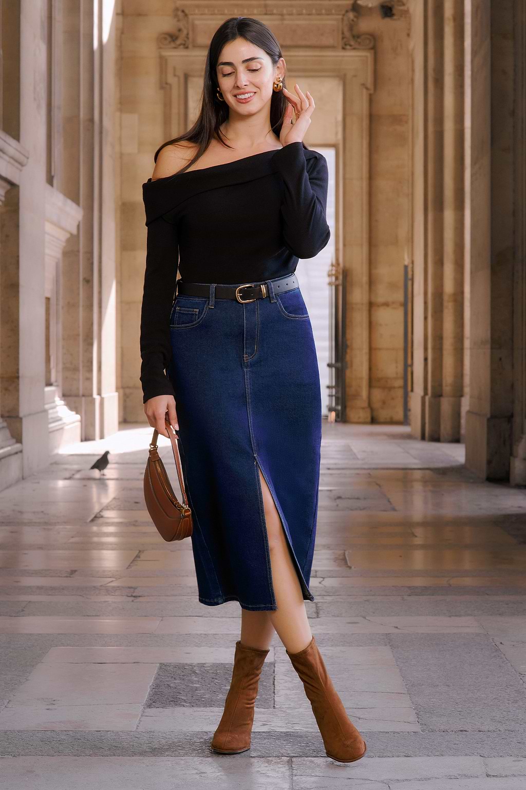 Blue Denim Midi Skirt