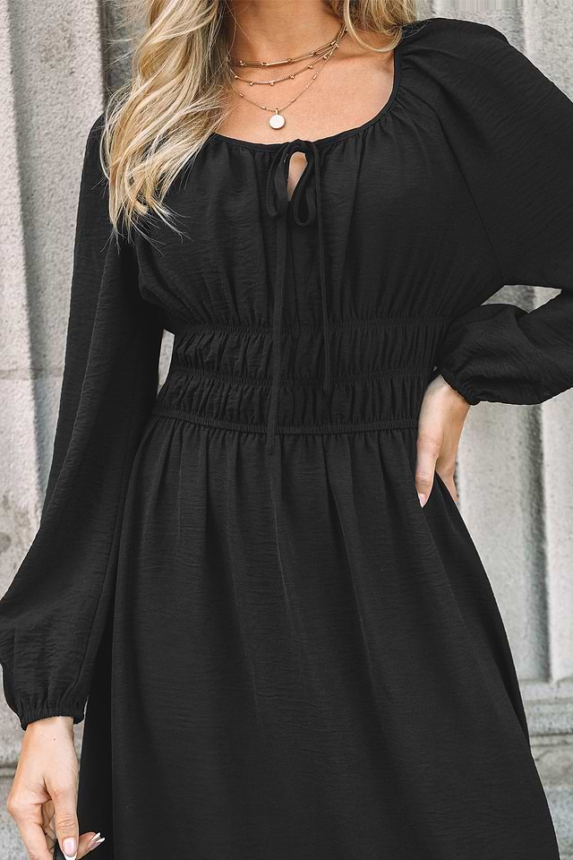 Black Tie Neck Puff Sleeve Midi Dress