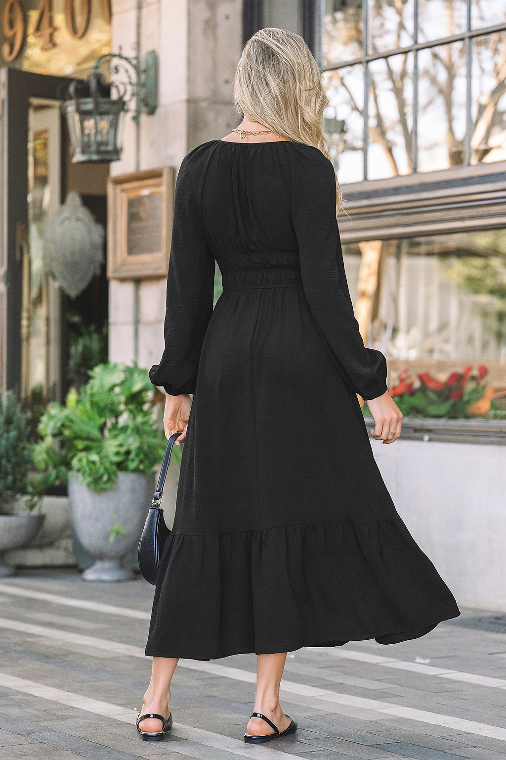 Black Tie Neck Puff Sleeve Midi Dress
