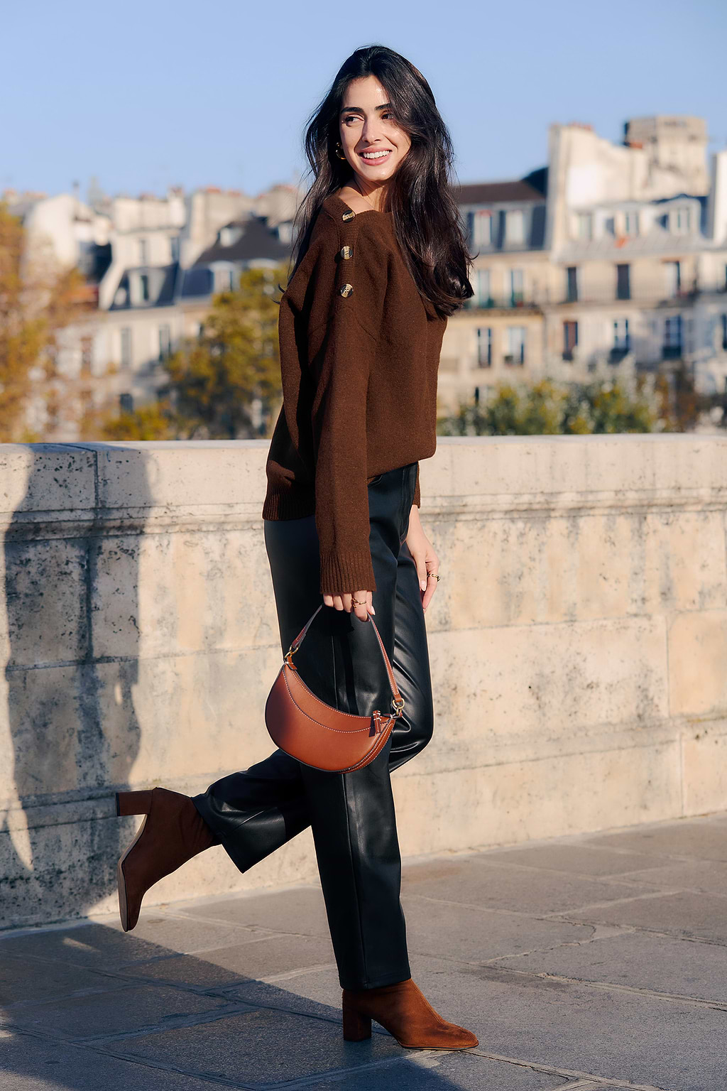 Brown Boatneck Button Long Sleeve Sweater