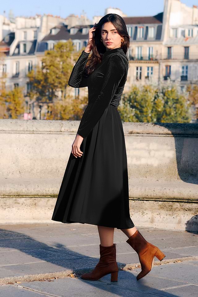 Black Long Sleeve Velvet Top Ruched Skirt Midi Dress