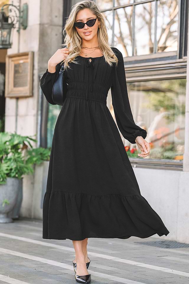 knee length dresses for ladies Black Long Sleeve Shirt Dress