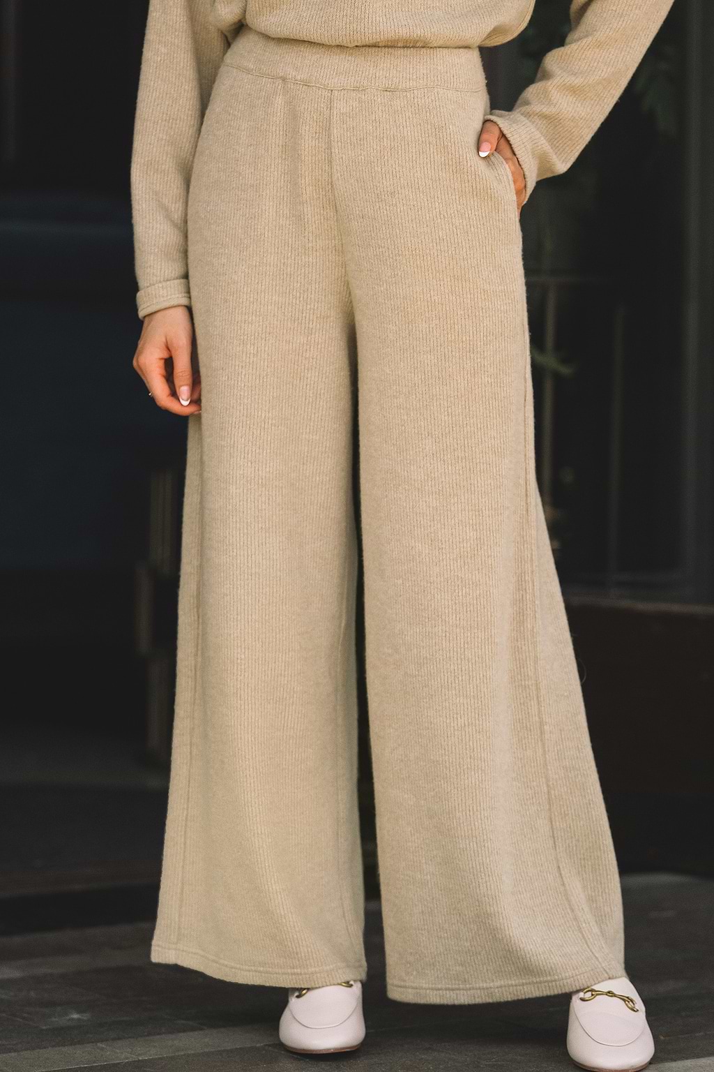 Khaki Wide Leg Knit Pants