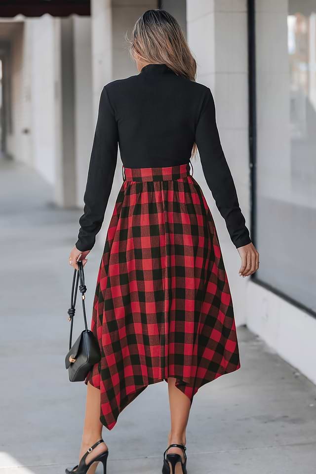 Black Mockneck Top Plaid Handkerchief Hem Skirt Midi Dress
