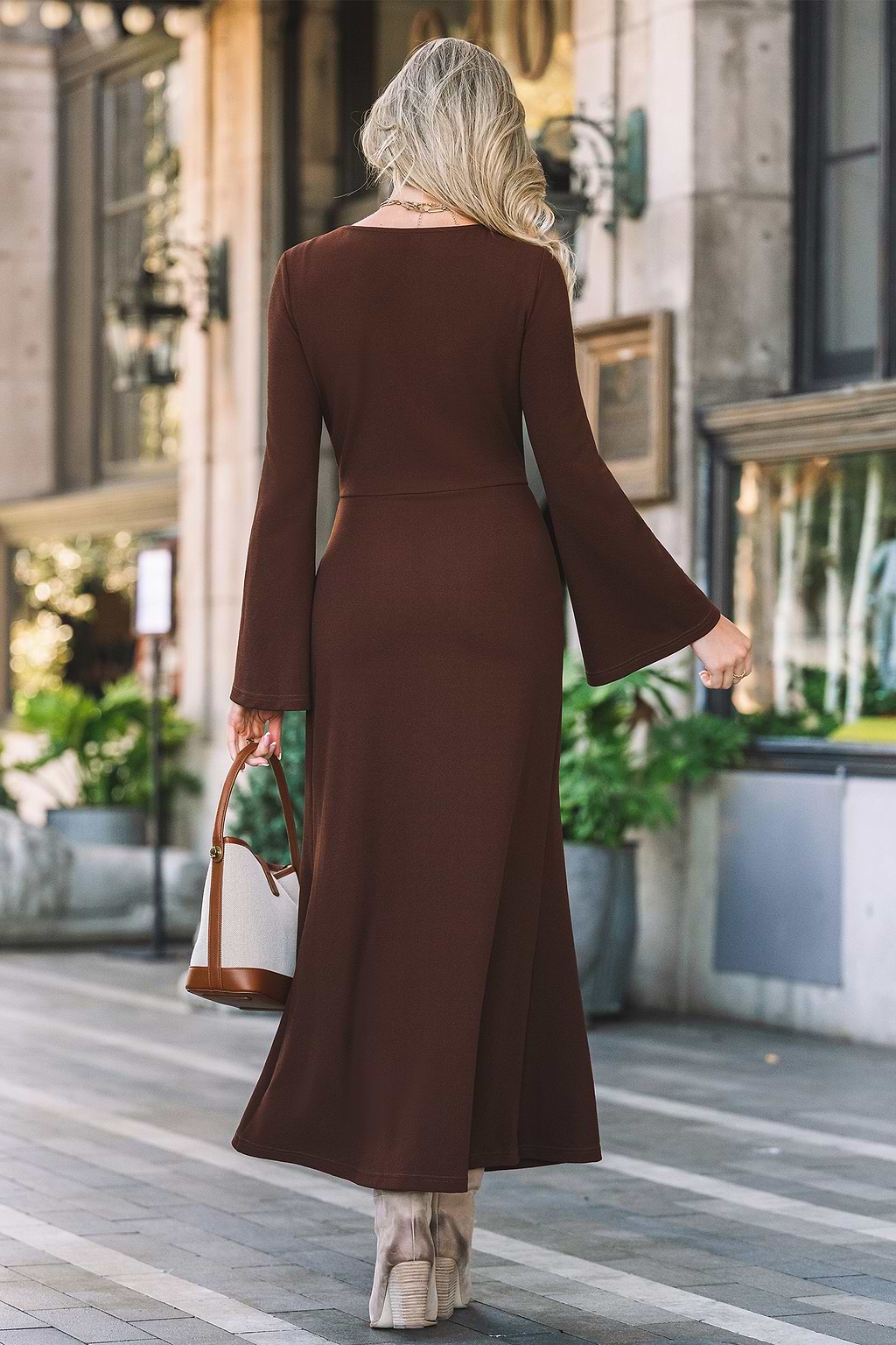 Brown Boatneck Long Sleeve Jersey Maxi Dress