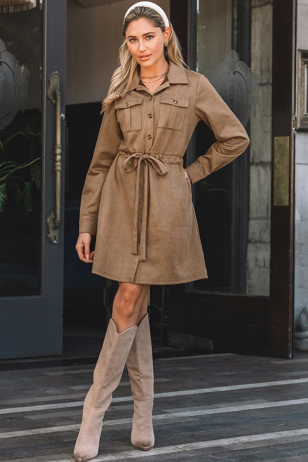Brown Collared Drawstring Waist Mini Utility Dress