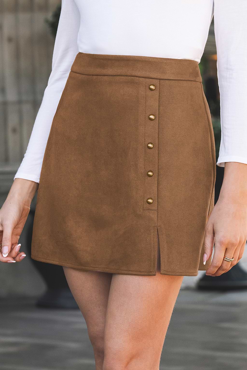 Camel Faux Suede Studded Split Hem Mini Skirt