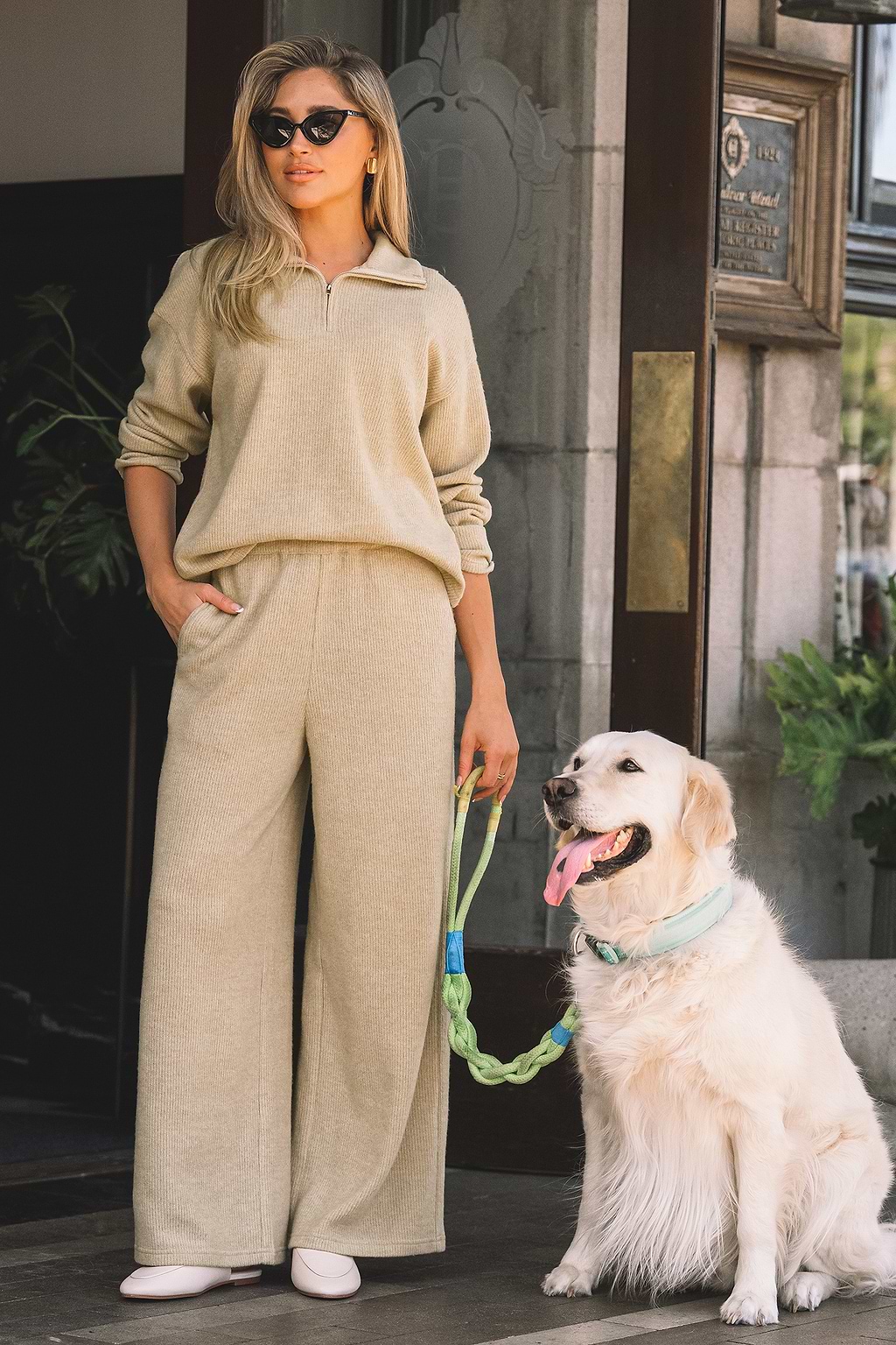 Khaki Wide Leg Knit Pants