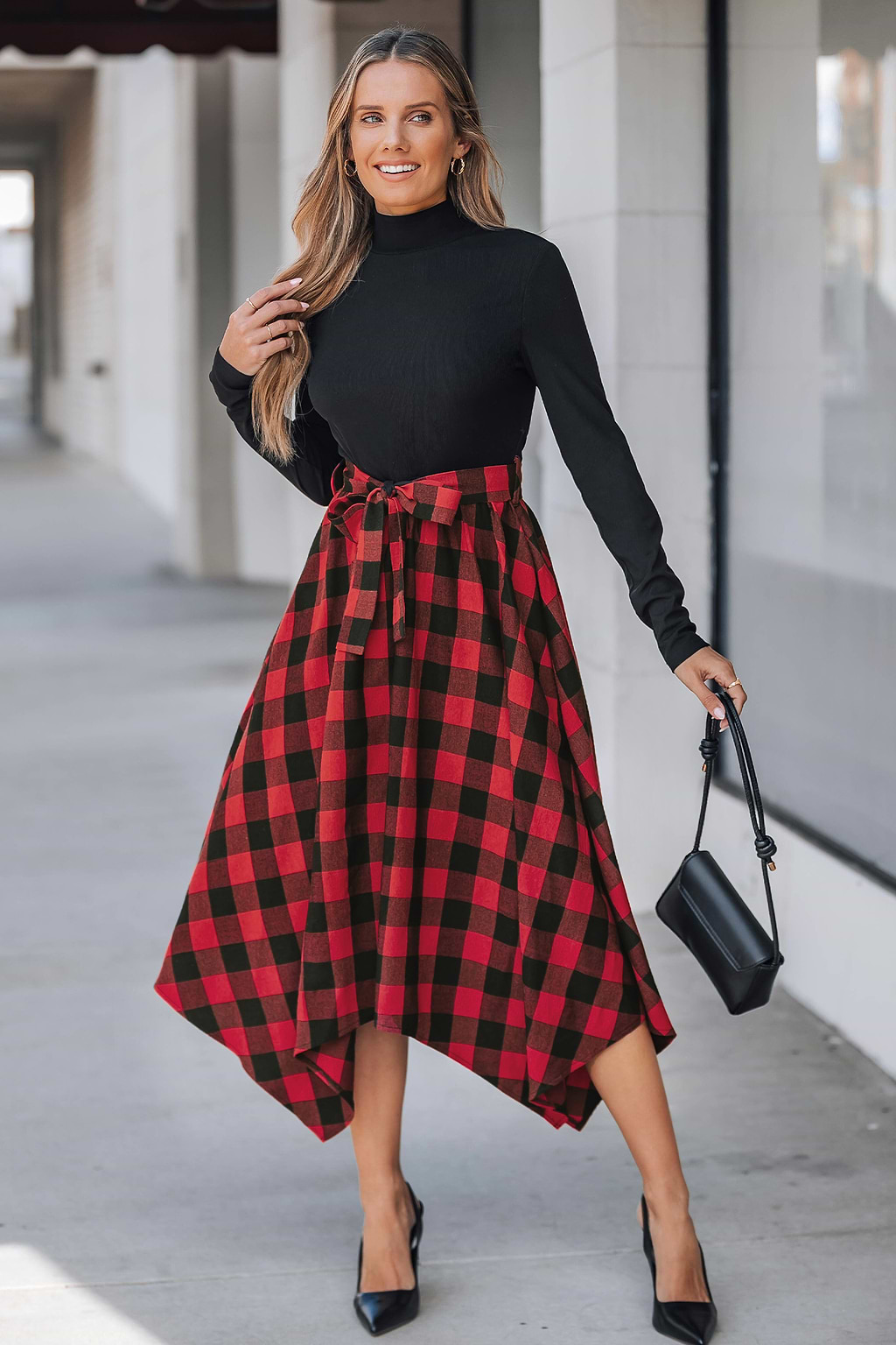 Black Mockneck Top Plaid Handkerchief Hem Skirt Midi Dress