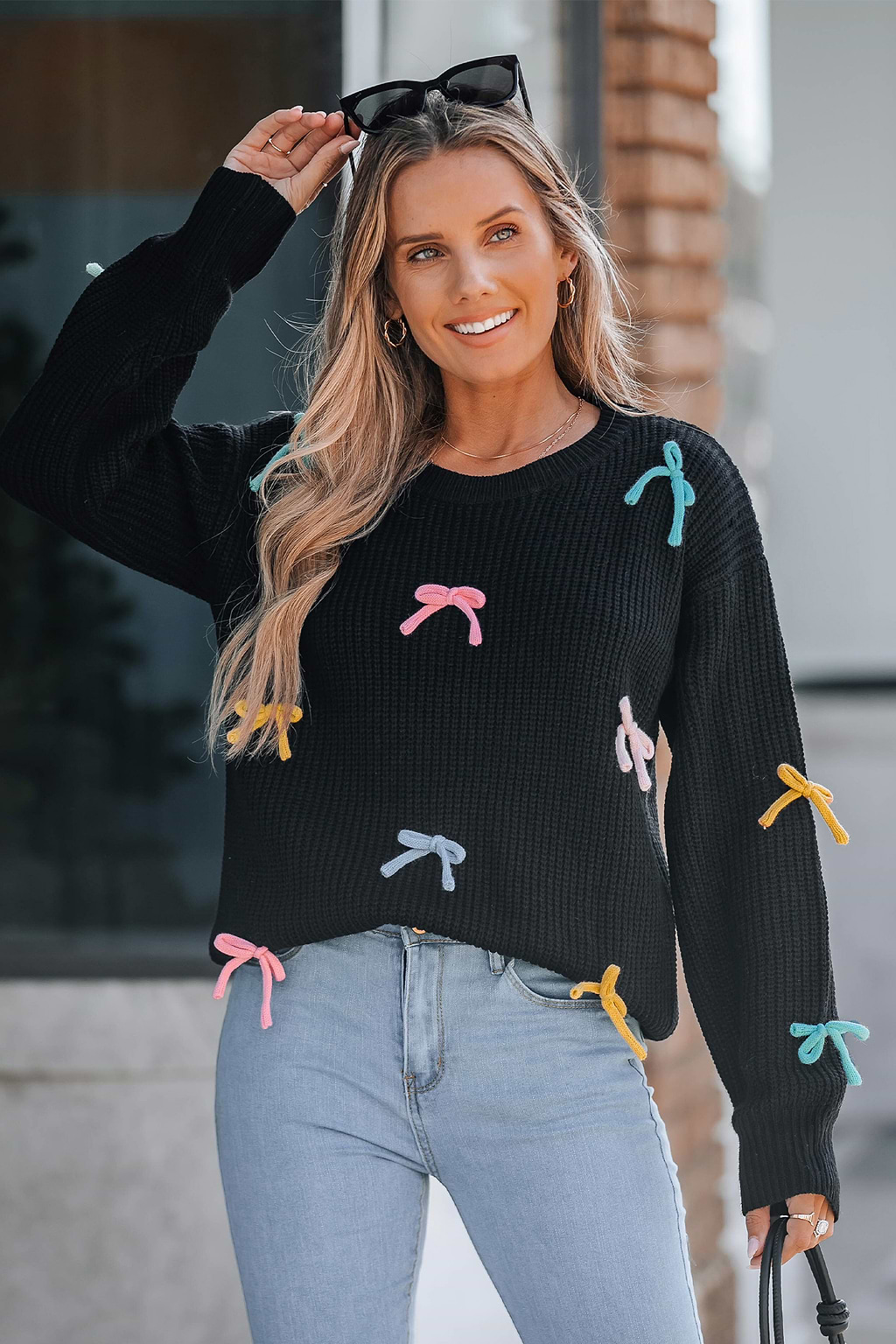 Black Long Sleeve Bow Embellished Sweater