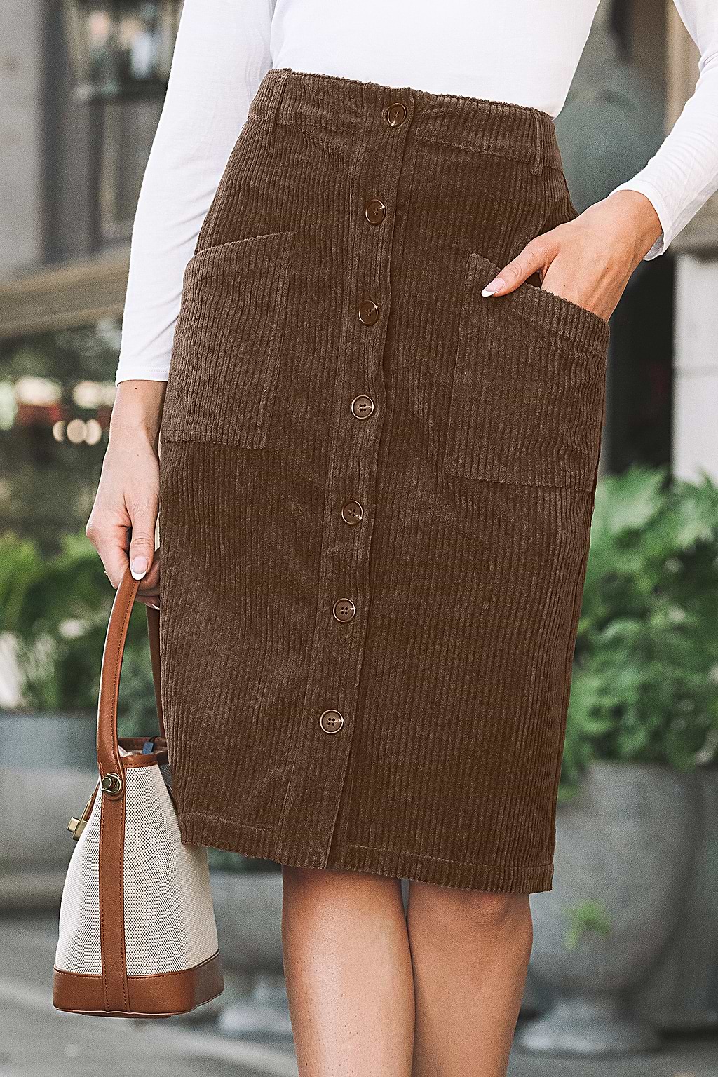 Brown Corduroy Button Up Patch Pocket Midi Skirt
