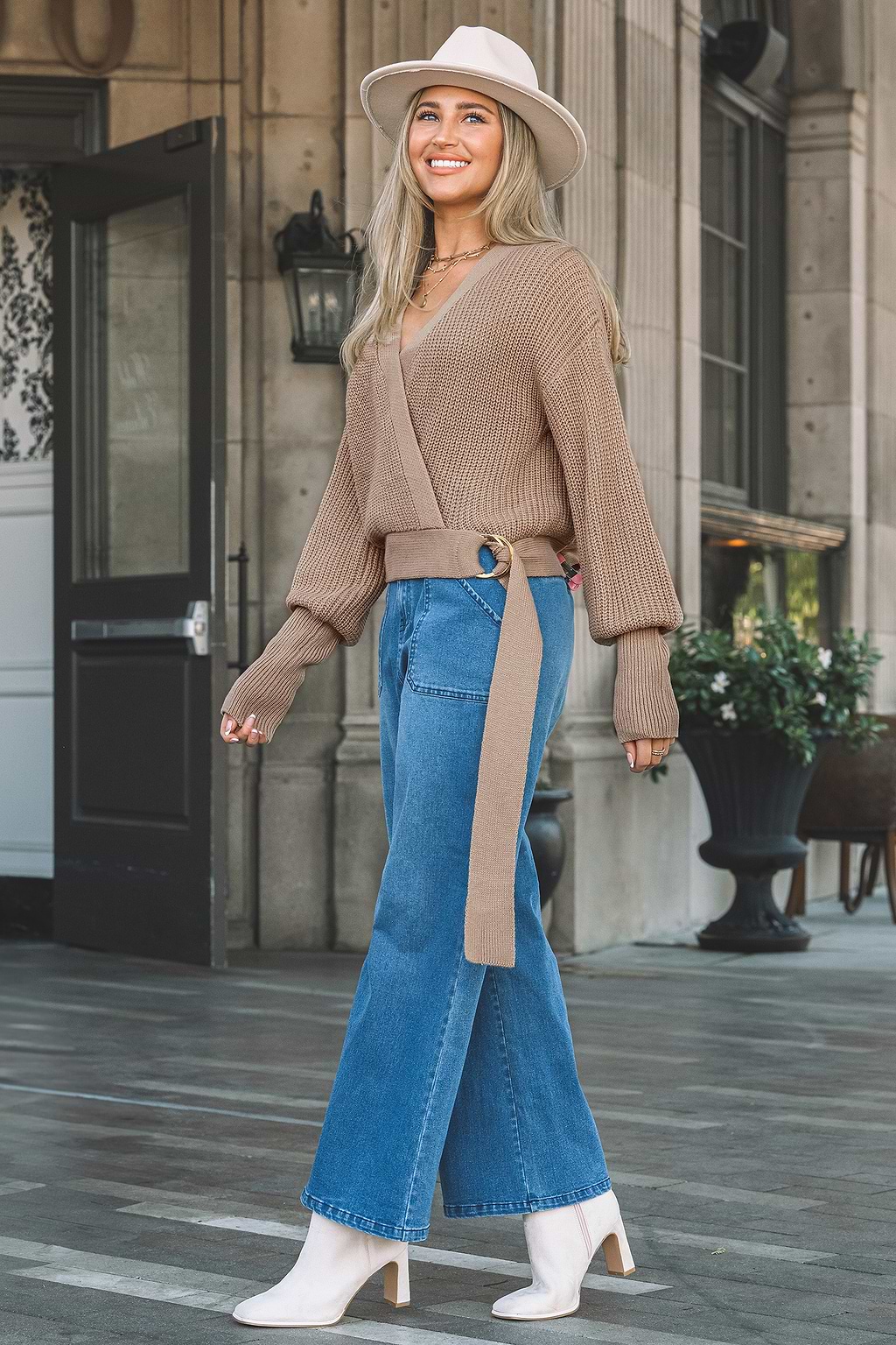 Camel Surplice Puff Sleeve Cropped Sweater Top