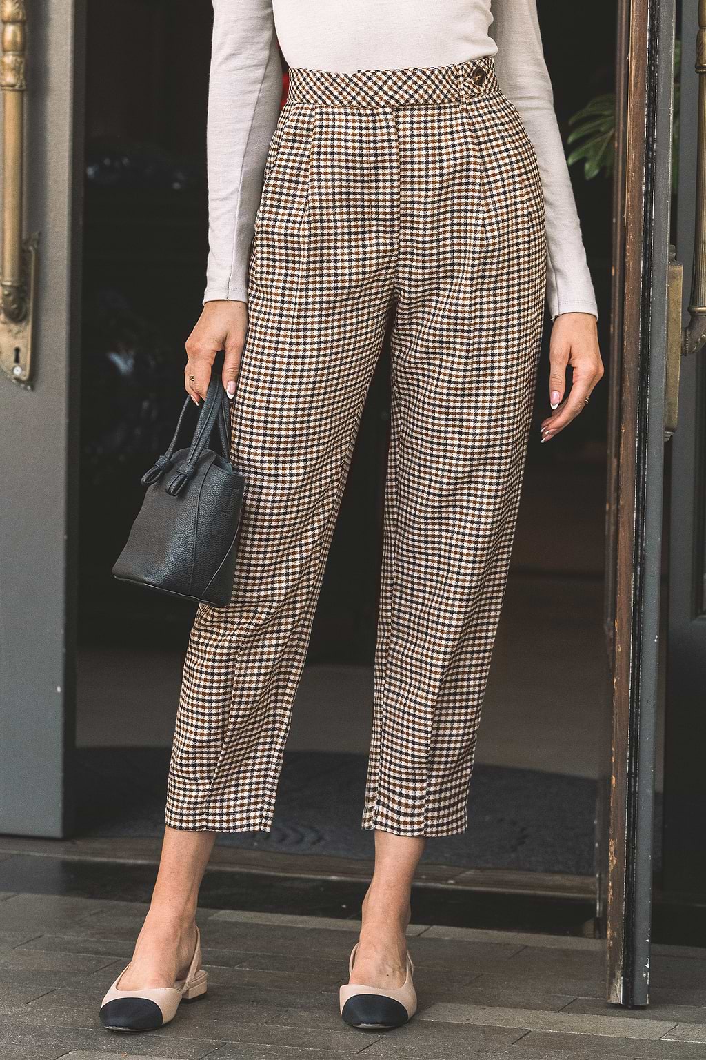 Orange Gingham Tapered Leg Cropped Trousers