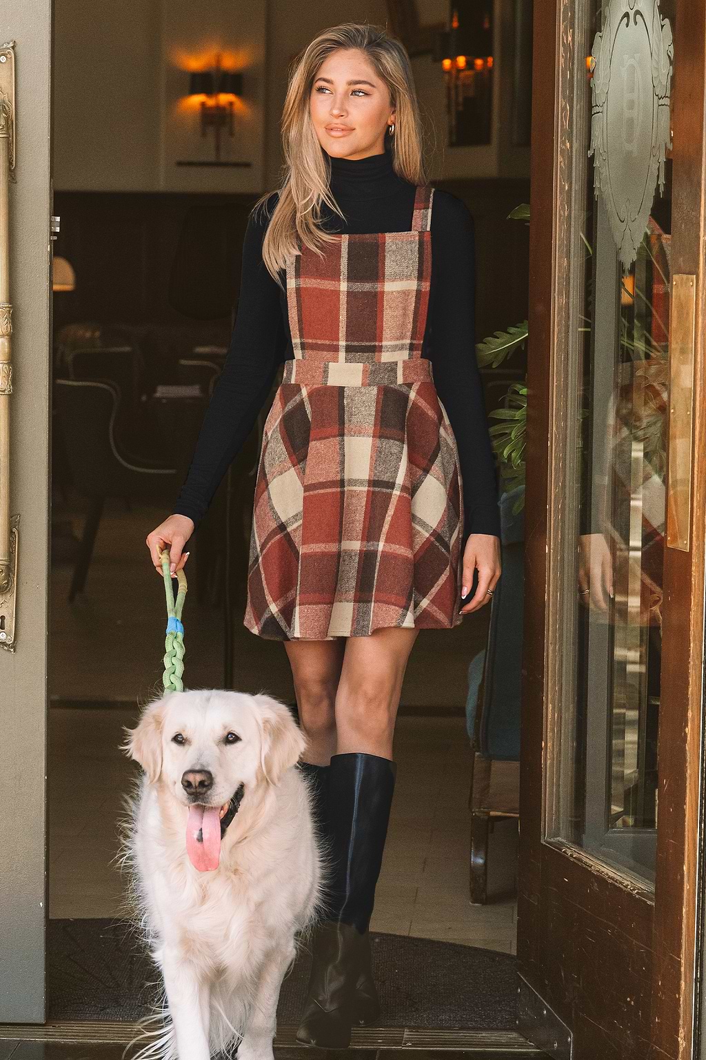 Burnt Orange Plaid Square Neck Mini Pinafore Dress