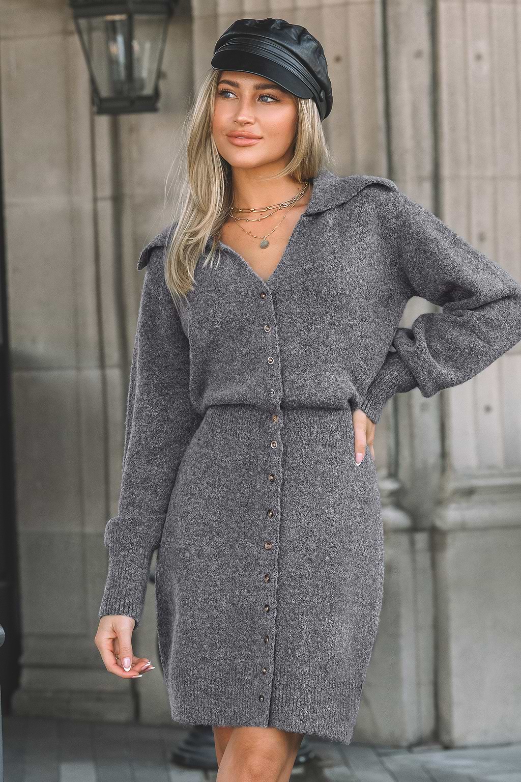 Grey Collared Cinched Waist Mini Sweater Dress