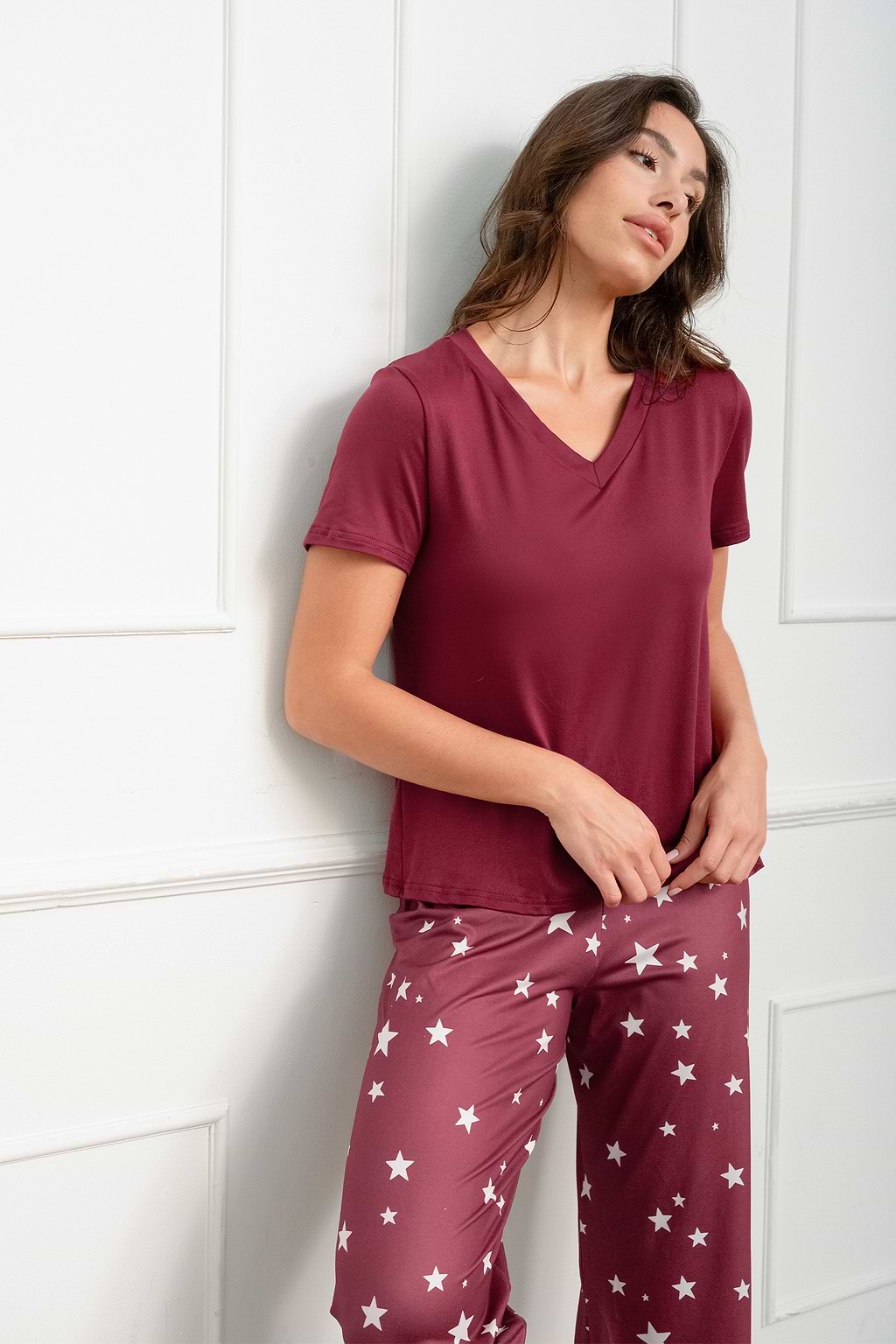 Red Short Sleeve Top & Star Print Pants Pajama Set