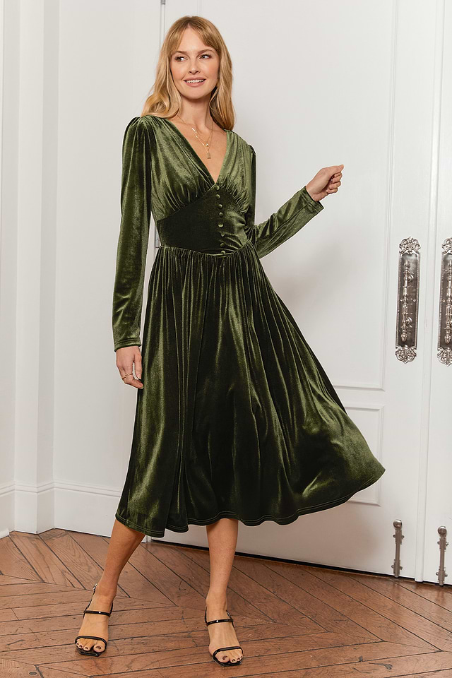 Olijfgroene fluwelen maxi-jurk met lange mouwen